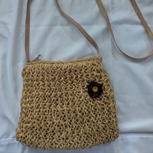 Jute crossover bag, tan with brown flower. - Picture 1 of 2